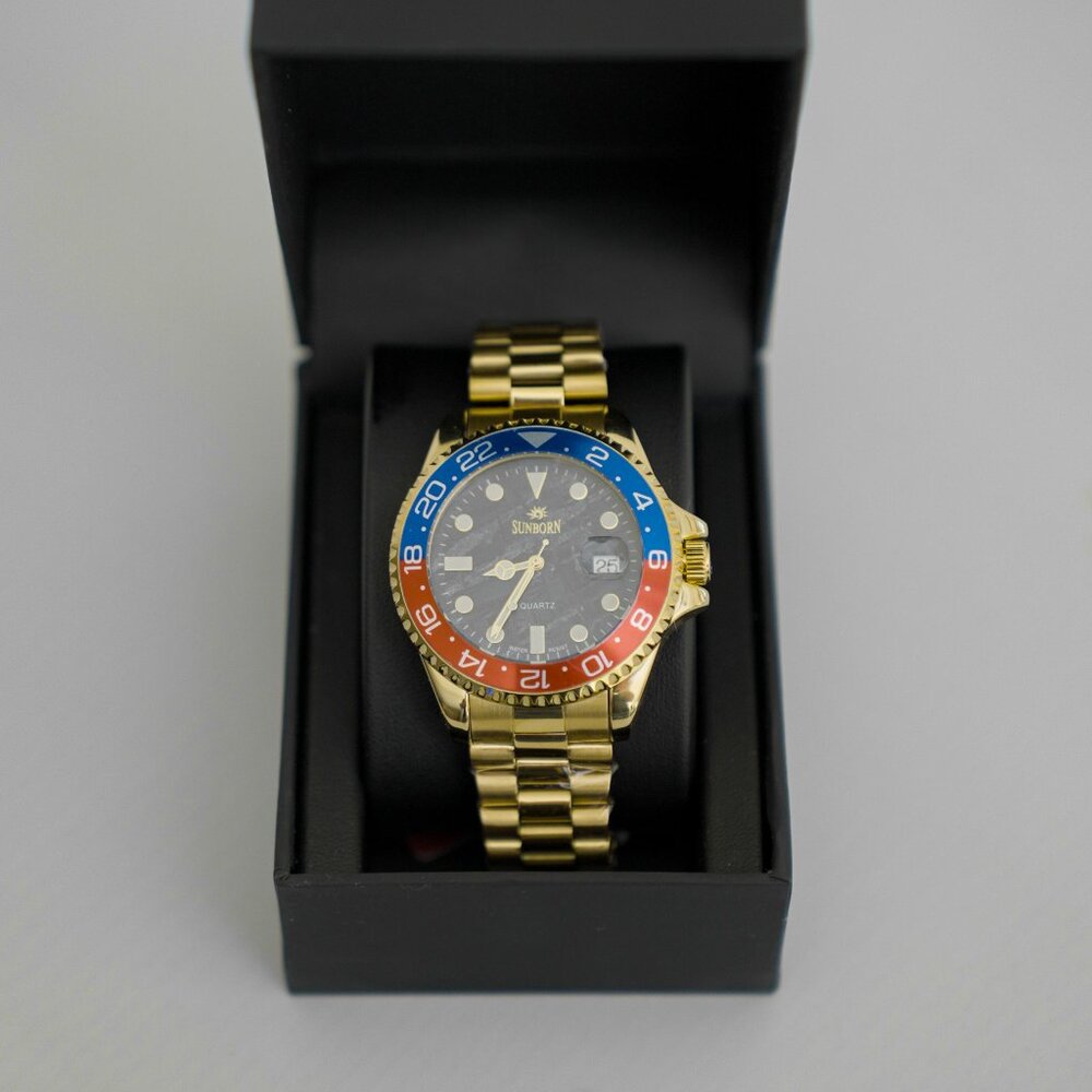 NEW SUNBORN Gold-Tone Men's Quartz Watch Red Blue Pepsi Bezel with Box and Tag